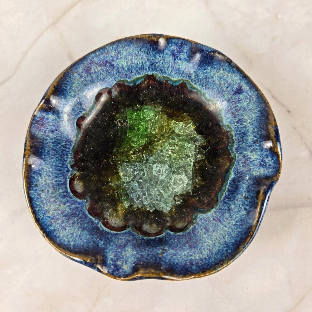 Vintage Small Studio Art Pottery Trinket Dish/Ashtray Blue Glaze Fused Glass